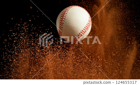 Freeze Motion Detail Shot of Baseball Ball with Clay Explosion Freeze Motion Detail Shot of Baseball Ball with Clay Explosion 124655317