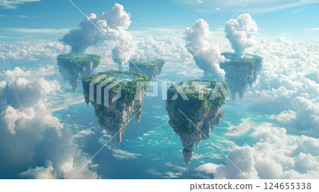Fantastic frontiers landscape. Floating islands with lush greenery and waterfalls in sky Fantastic frontiers landscape. Floating islands with lush greenery and waterfalls in sky 124655338