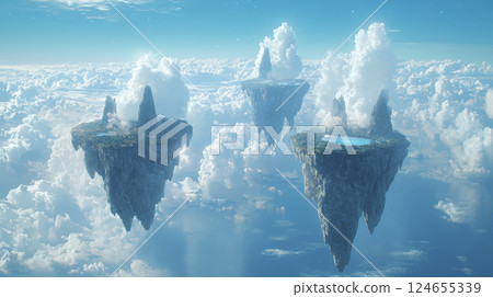 Fantastic frontiers landscape. Floating islands with lush greenery and clouds in serene sky 124655339