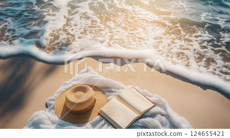 A book, straw hat, and blanket on the beach with waves crashing in the background.  124655421