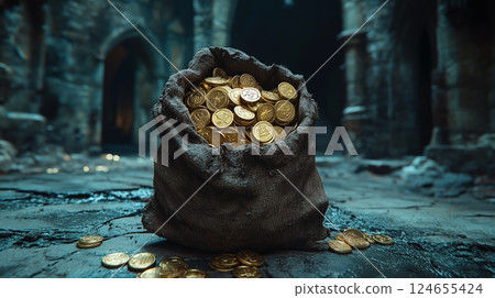 A small brown bag full of gold coins is standing on a cracked stone floor in a dark castle.  124655424
