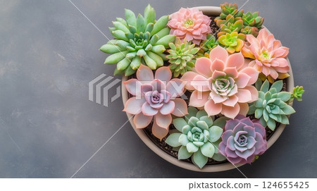 From above, cactus succulents in a planter, with color background. 124655425