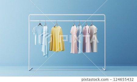 A minimalist clothing rack displaying pastel and neutral garments.  124655432