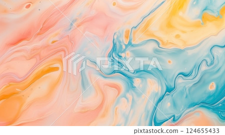 Colorful abstract background with soft waves of liquid color in pastel peach, blue, and yellow hues.  124655433