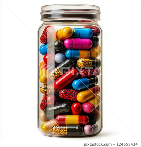 Colorful pills and capsules in a transparent container, isolated on white background. 124655434
