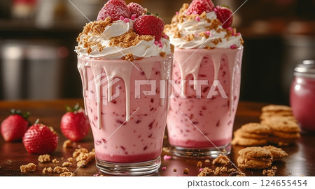 Two glasses filled with a pink milkshake topped with whipped cream, strawberry, and cookie. Two glasses filled with a pink milkshake topped with whipped cream, strawberry, and cookie. 124655454