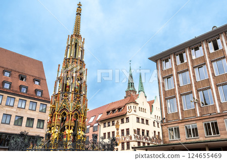 Nuremberg, Germany, August 1, 2023. Iconic shot of the magnificent market square. Highlighted is the golden fountain. Explore and discover Nuremberg. Travel destinations. Nuremberg, Germany, August 1, 2023. Iconic shot of the magnificent market square. Highlighted is the golden fountain. Explore and discover Nuremberg. Travel destinations. 124655469