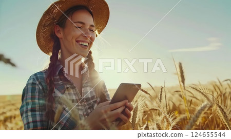 Female farmer with a smartphone or tablet PC in a field. She records the results of sowing. The farmer smiles as she logs the growth of her crops, proudly documenting the results of sowing. 124655544