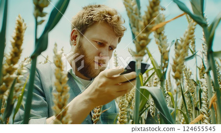 A farmer with a smartphone or tablet PC in a field. He records the results of sowing. The farmer examines his smartphone, noting the results of successful sowing in the vibrant field. 124655545