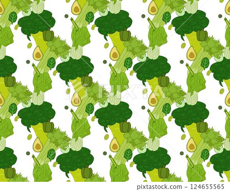 Green Plant vegetables close up seamless pattern. Flat vector illustration. Green plant chlorophyll texture for organic wallpapers, eco, agro and scientific design. seeds repeated backdrop 124655565