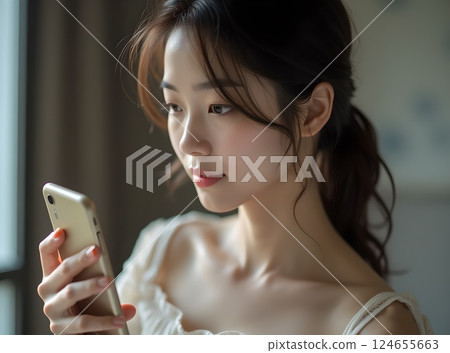 Side view of a woman looking at her smartphone in her bedroom at home 124655663