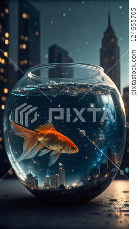 Goldfish in a fishbowl with galaxies stars and planets 124655705