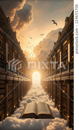 large library floating in the sky 124655706