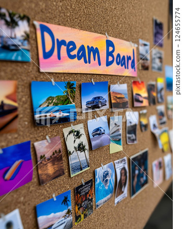 Close-up of a vibrant dream board filled with colorful images and motivational quotes 124655774