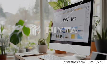 Modern workspace with a large computer screen displaying a wish list of dream destinations 124655775