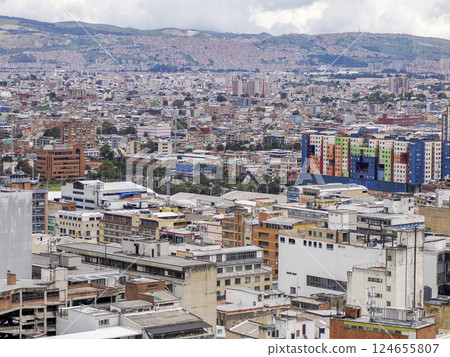 Aerial view from a skyscraper of Candelaria historic downtown district, Bogota colombia Aerial view from a skyscraper of Candelaria historic downtown district, Bogota colombia 124655807