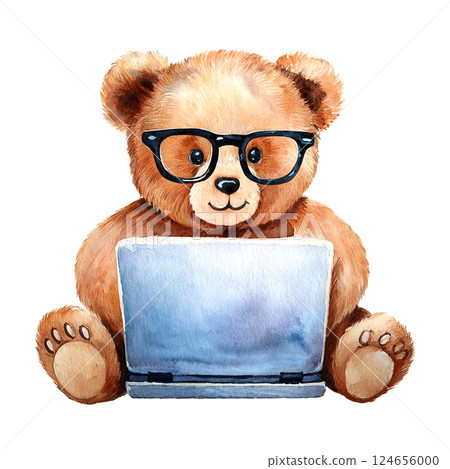 Cute teddy bear wearing glasses and using a laptop 124656000