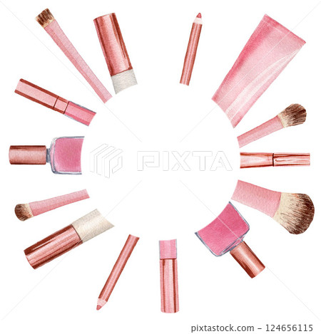 Round composition with cosmetic products. Watercolor illustration, composition isolated on white background for cards, invitations, postcards Round composition with cosmetic products. Watercolor illustration, composition isolated on white background for cards, invitations, postcards 124656115
