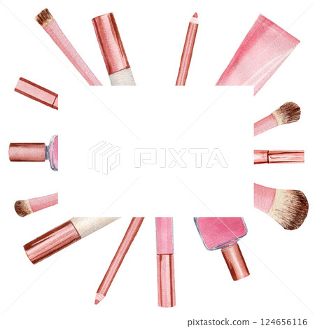 Square composition with cosmetic products. Watercolor illustration, composition isolated on white background for cards, invitations, postcards Square composition with cosmetic products. Watercolor illustration, composition isolated on white background for cards, invitations, postcards 124656116