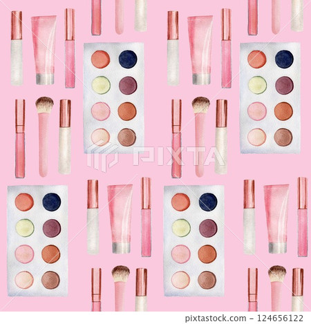 Seamless pattern with cosmetic products - eye shadow, cosmetic brush, cream tube, lip gloss. Handmade watercolor illustration on pink background 124656122