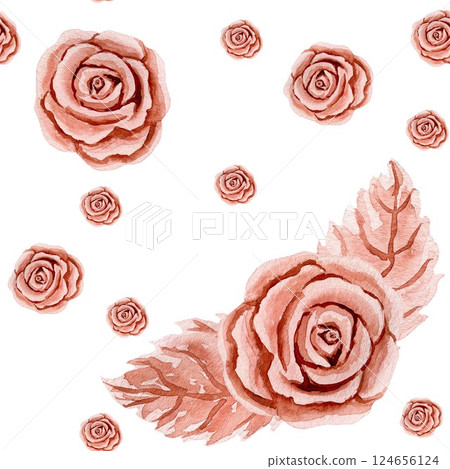 Seamless pattern with plastic or metal rose head and two leaves. Watercolor illustrations isolated on white background for design, decor, textile 124656124