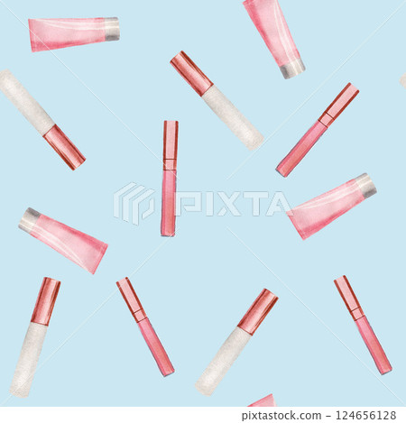 Seamless pattern with cosmetic products - cream tube, lip gloss. Handmade watercolor illustration on blue background. For wrapping paper, textile Seamless pattern with cosmetic products - cream tube, lip gloss. Handmade watercolor illustration on blue background. For wrapping paper, textile 124656128