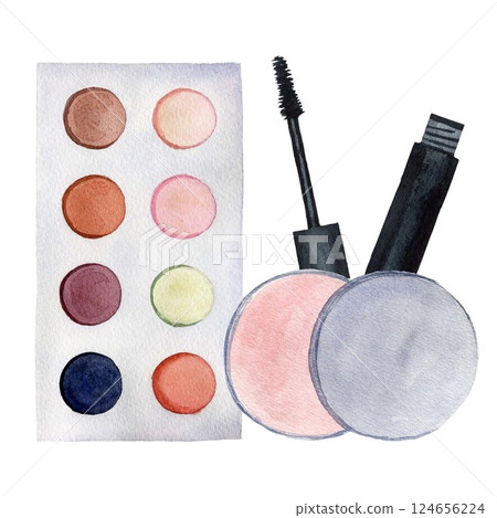 Composition with make up products - powder, mascara, eye shadow, watercolor illustrations isolated on white background. For design, flyers, postcards 124656224