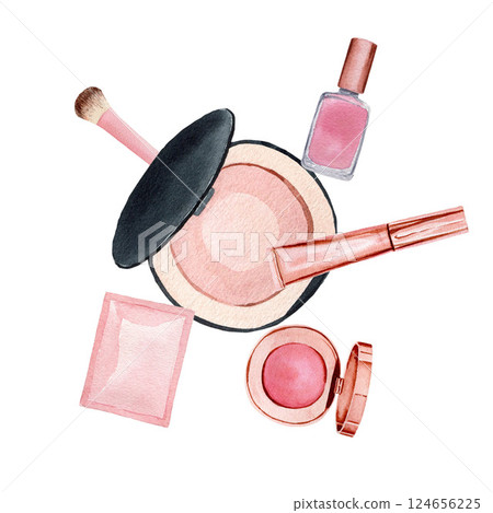Composition with make up products, powder, nail polish, brush, cream sachet, watercolor illustrations isolated on white background. For design, cards 124656225