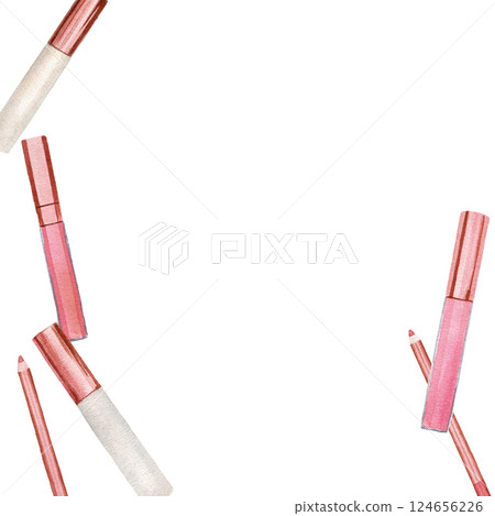 Square composition with cosmetic products. Watercolor illustration, composition isolated on white background for cards, invitations, postcards Square composition with cosmetic products. Watercolor illustration, composition isolated on white background for cards, invitations, postcards 124656226