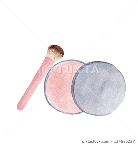 Composition with make up products - powder and brush, watercolor illustrations isolated on white background. For design, cards, decor, flyer 124656227
