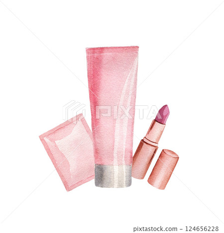 Composition with make up products, lipstick, cream sachet, cream tube, watercolor illustrations isolated on white background. For design, cards, decor 124656228