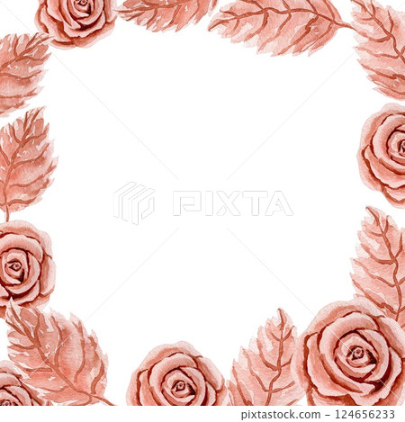 Square card with plastic or metal rose head and two leaves. Watercolor illustrations isolated on white background. For design, postcards, decor, flyer 124656233
