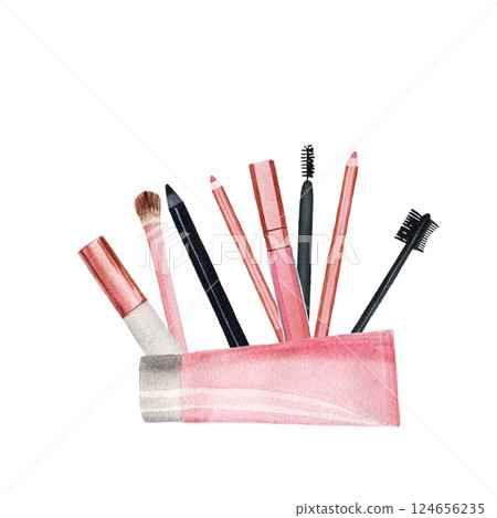 Composition with make up products - cream, lip gloss, eyeliner, lip liner, watercolor illustrations isolated on white background. For design, cards Composition with make up products - cream, lip gloss, eyeliner, lip liner, watercolor illustrations isolated on white background. For design, cards 124656235
