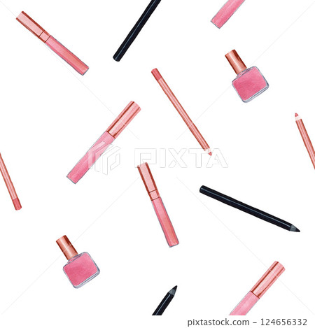 Seamless pattern with cosmetic products - eyeliner, lip gloss, nail polish, lip liner. Handmade watercolor illustration on white background. Seamless pattern with cosmetic products - eyeliner, lip gloss, nail polish, lip liner. Handmade watercolor illustration on white background. 124656332