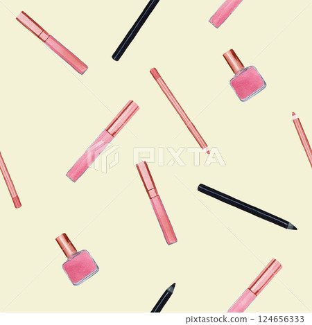 Seamless pattern with cosmetic products - eyeliner, lip gloss, nail polish, lip liner. Handmade watercolor illustration on beige background. Seamless pattern with cosmetic products - eyeliner, lip gloss, nail polish, lip liner. Handmade watercolor illustration on beige background. 124656333