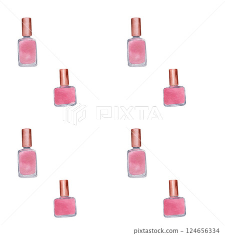 Seamless pattern with pink nail polish. Handmade watercolor illustration on white background. For wrapping paper, textile, wallpaper, fabric 124656334