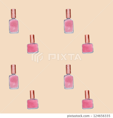 Seamless pattern with pink nail polish. Handmade watercolor illustration on pink background. For wrapping paper, textile, wallpaper, fabric Seamless pattern with pink nail polish. Handmade watercolor illustration on pink background. For wrapping paper, textile, wallpaper, fabric 124656335