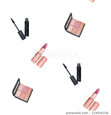 Seamless pattern with pink lipstick, mascara and eye shadow. Handmade watercolor illustration on white background. For wrapping paper, textile, fabric Seamless pattern with pink lipstick, mascara and eye shadow. Handmade watercolor illustration on white background. For wrapping paper, textile, fabric 124656336