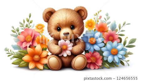 An illustration of a cute teddy bear surrounded by flowers and holding a flower 124656555
