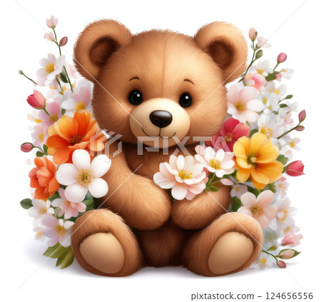 An illustration of a cute teddy bear surrounded by flowers and holding a flower 124656556