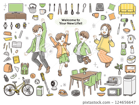 Moving & new life! Illustration set of furniture, appliances and jumping family - line drawing 124656647