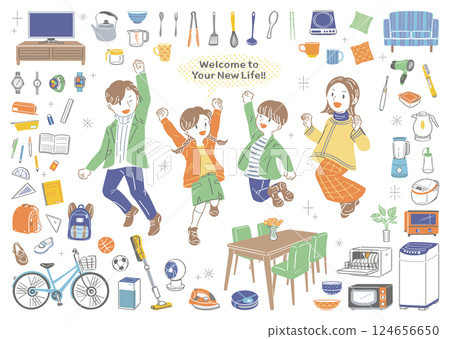 Moving & new life! Illustration set of furniture, home appliances and a jumping family 124656650