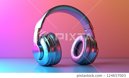 3D glossy headphones with a smooth and reflective surface, on pastel solid background. 3D glossy headphones with a smooth and reflective surface, on pastel solid background. 124657003