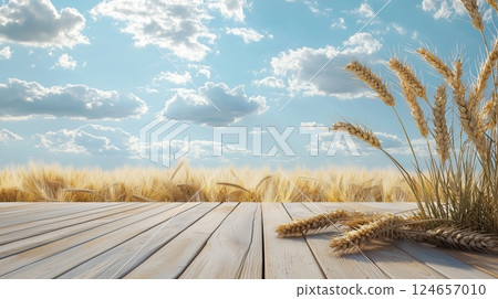 There are two golden wheat ears on the wooden floor, with a wheat field and blue sky.  124657010