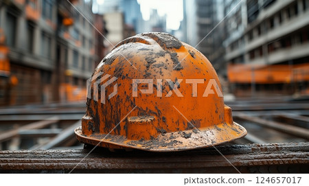 A rugged orange construction helmet rests on top of a building material.  124657017