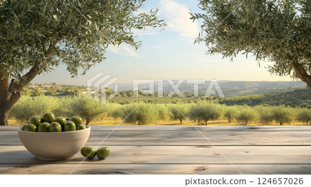 An olive grove on a sunny day, with a table with a bowl of green olives.  124657026
