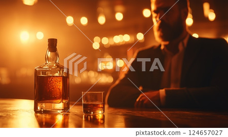 A lonely man sitting at a bar, a half-empty whiskey bottle in front of him.  124657027