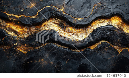 A captivating abstract composition of gold veins flowing through dark, textured stone formations. 124657040