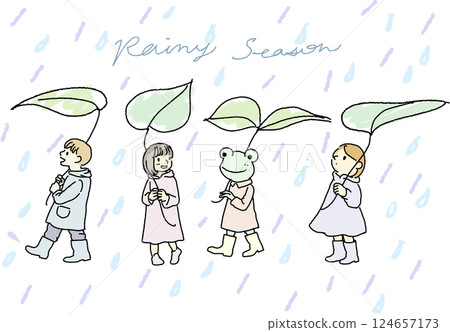 Color hand-drawn vector illustration of a child and a frog on a rainy day 124657173