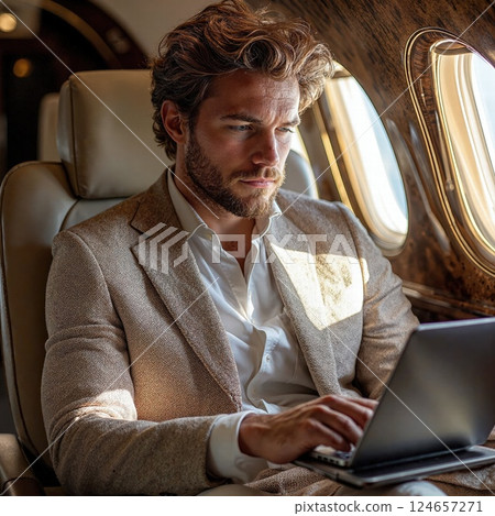 Businessman in luxurious private jet setting, typing on laptop for corporate travel and productivity Businessman in luxurious private jet setting, typing on laptop for corporate travel and productivity 124657271